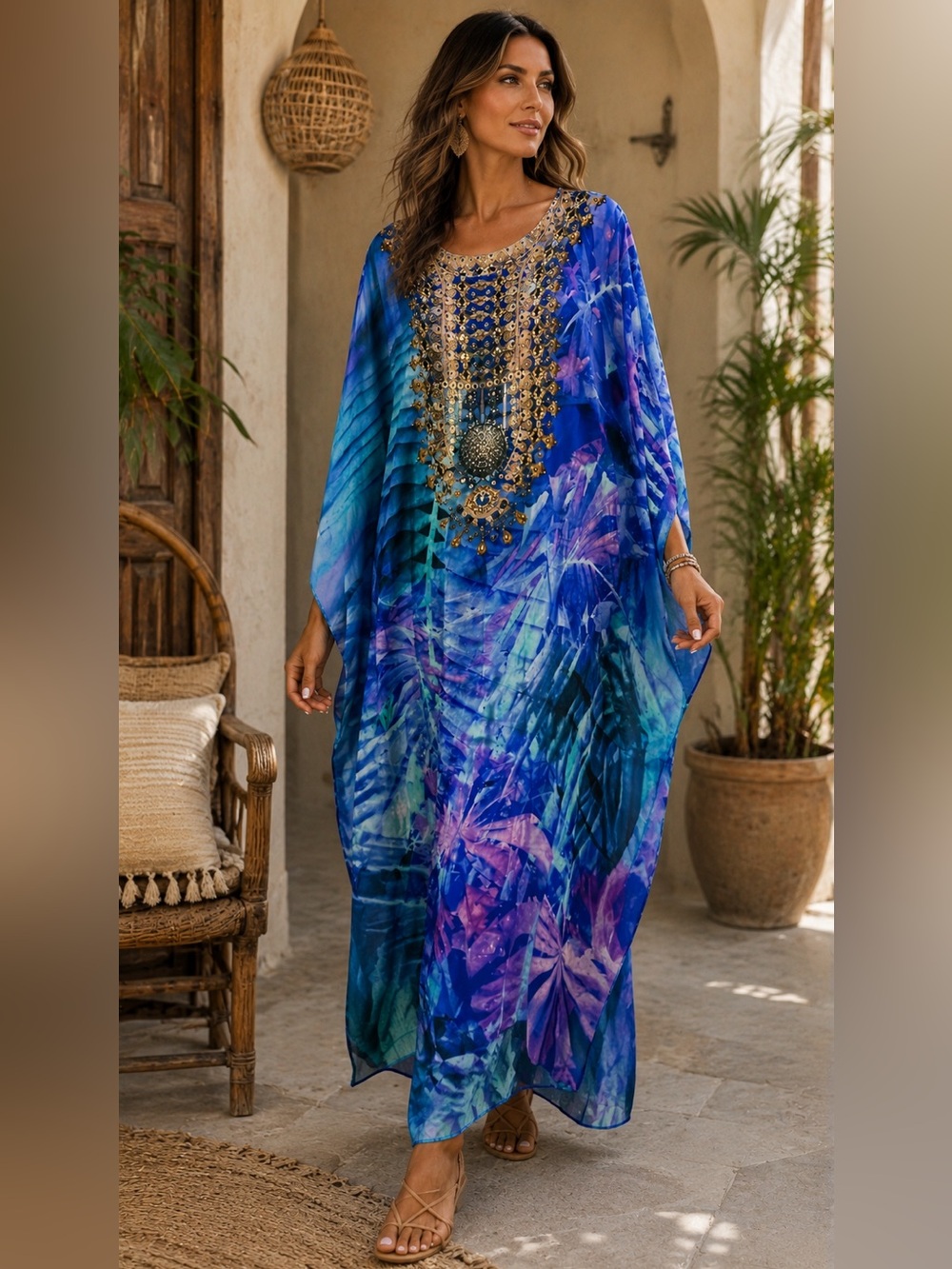 Camilla Blue Crystal Embellished Silk Maxi Kaftan Dress